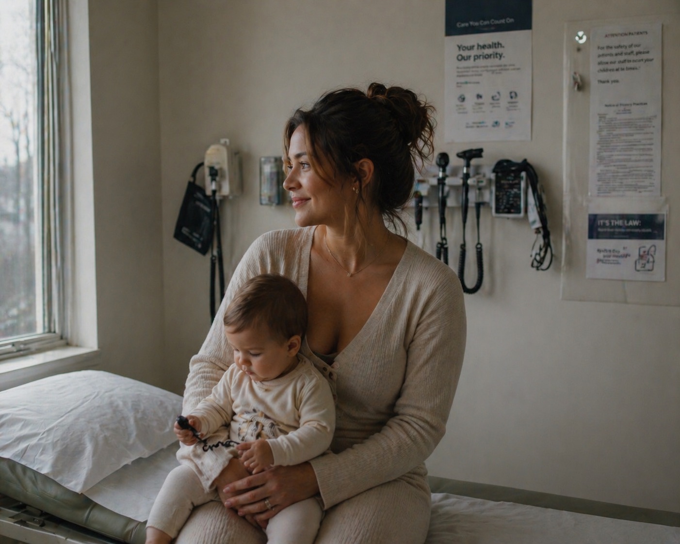 Mother holding baby in a doctor's office