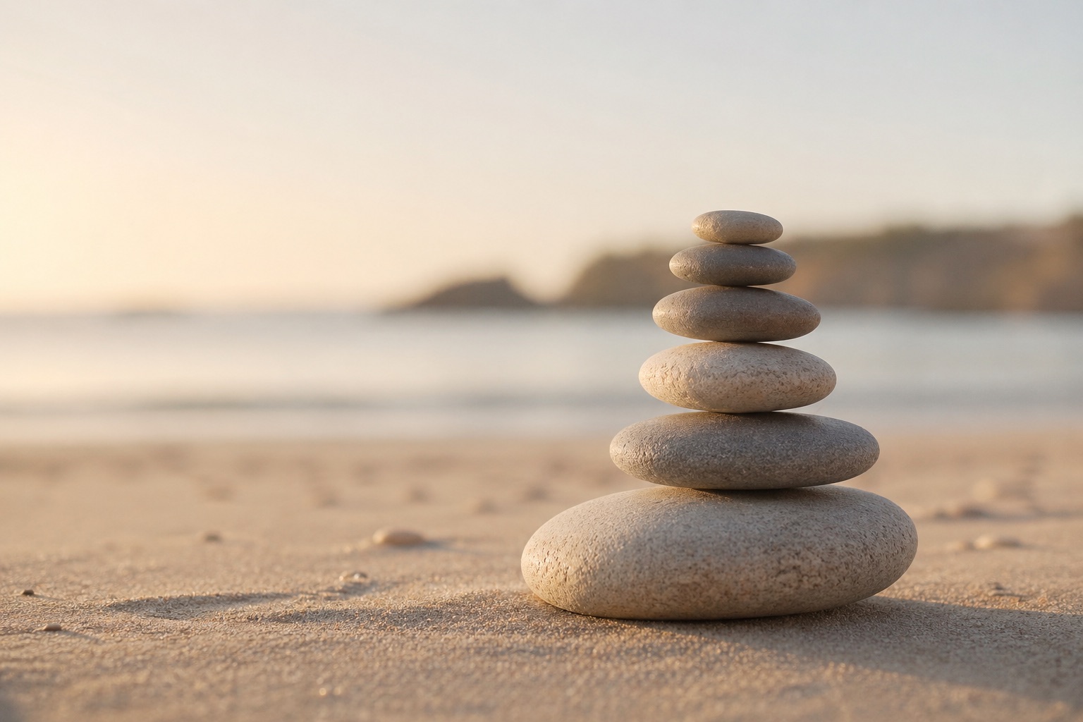 Balanced zen stones on a peaceful beach